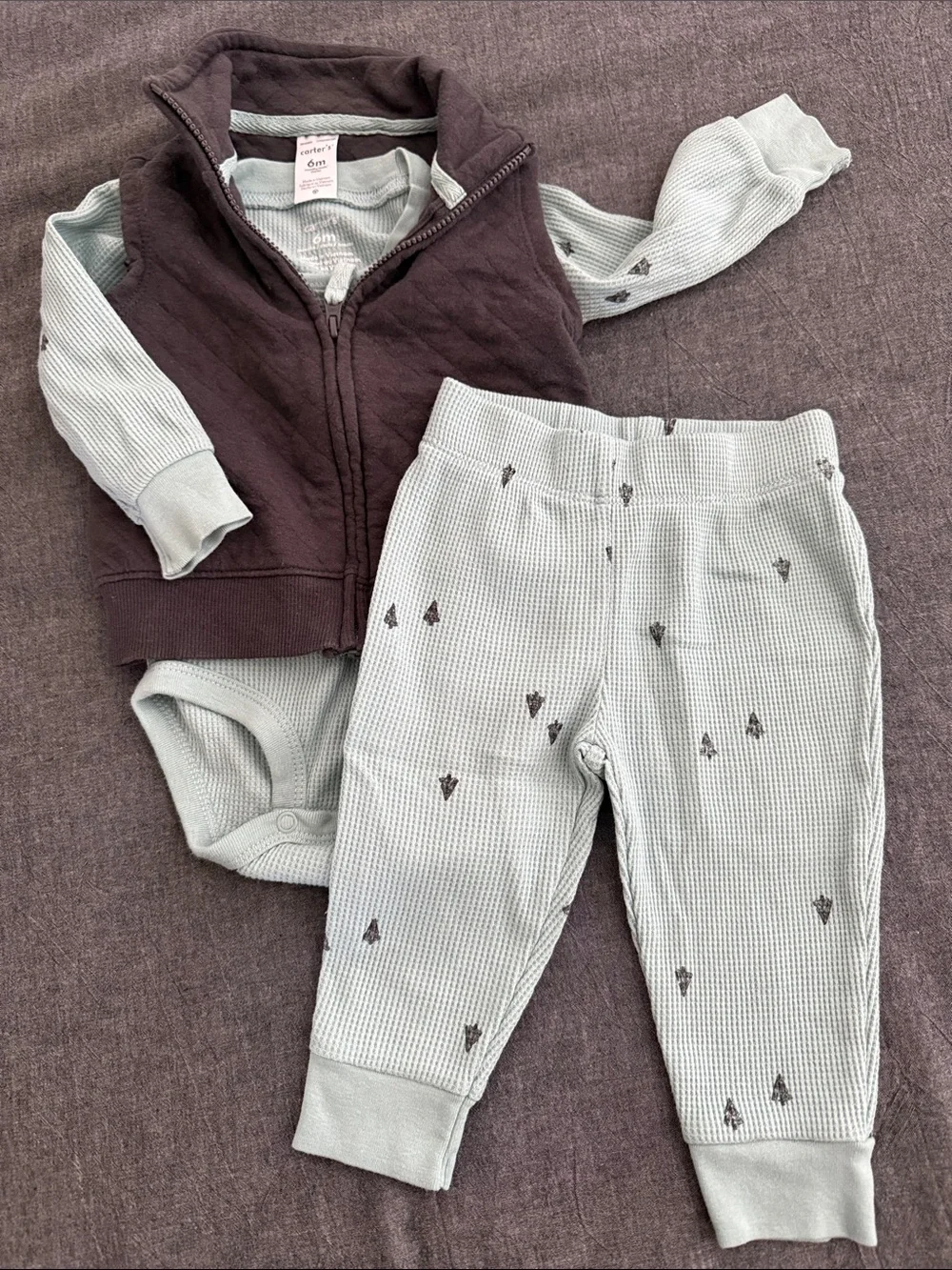 Carters Baby 3-Piece Waffle Bodysuit, Pants & Quilted Vest - Mint & Charcoal